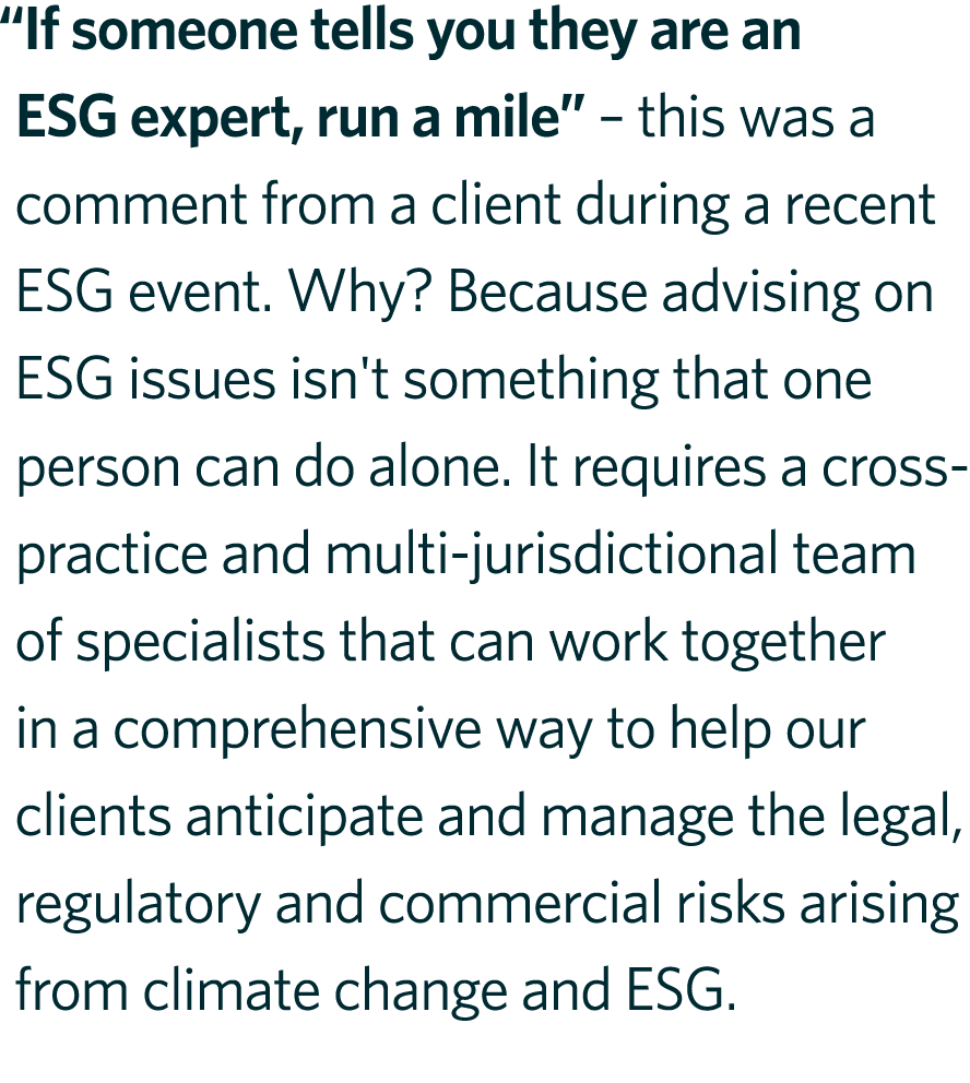 “If someone tells you they are an ESG expert, run a mile” – this was a comment from a client during a recent ESG even...