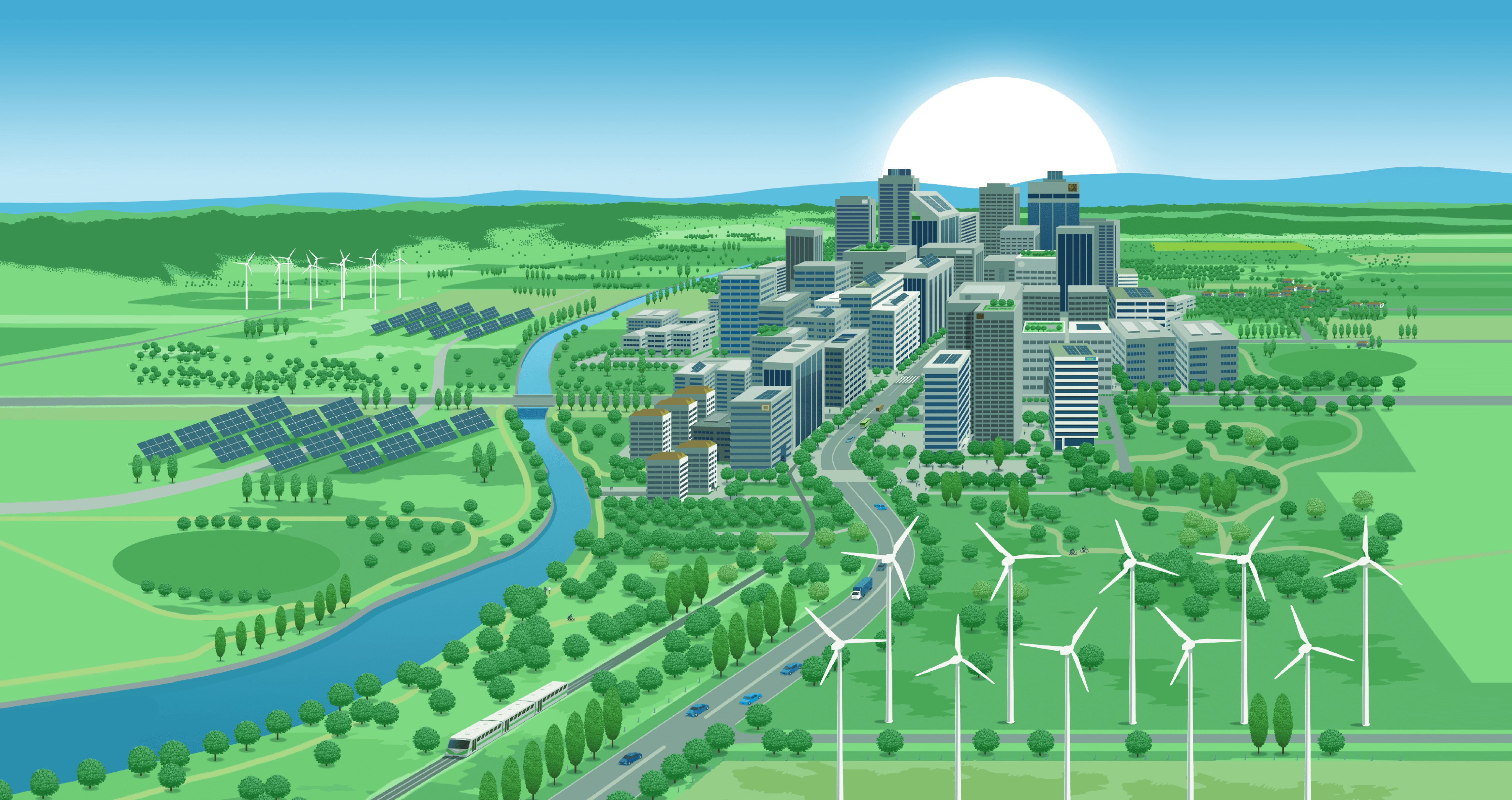 Rasterised illustration of a city panorama and environs. Featuring wind turbines, solar power panels, clean water and environment friendly roadways.