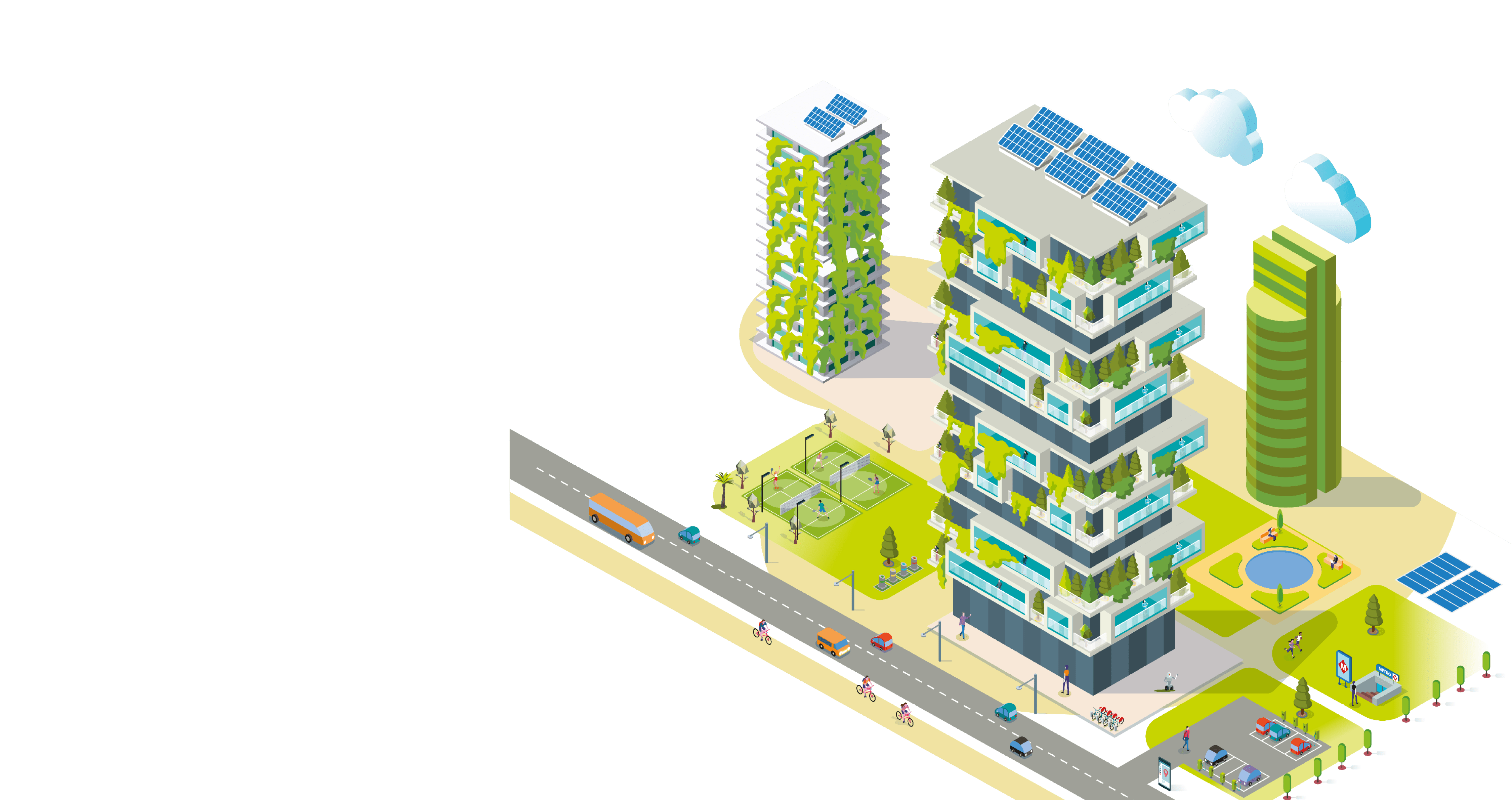 Modern ecologic building with vertical garden and solar panels. Vector isometric perspective illustration.